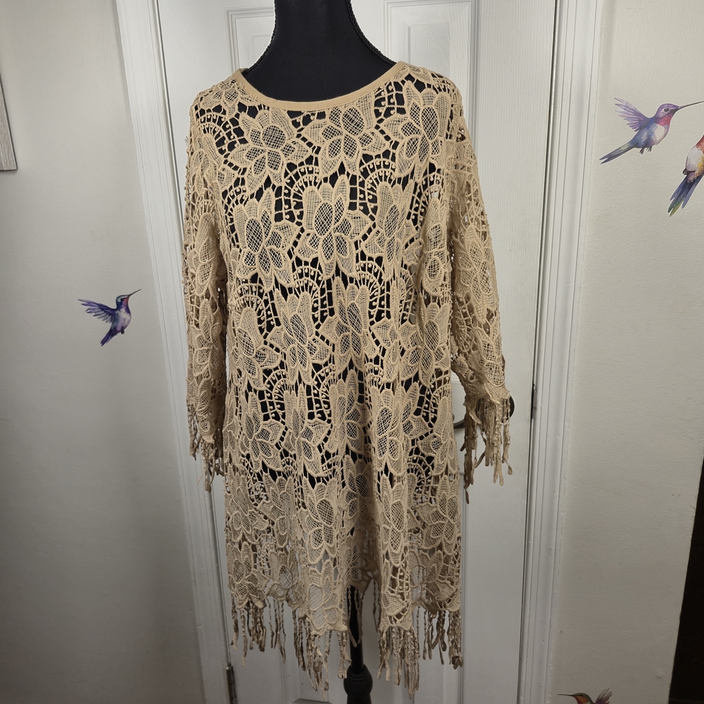 Denim 24/7 12W Cream Lace Tunic Top/Dress Fringe Long Sleeve Boho Dress - Picture 2 of 7